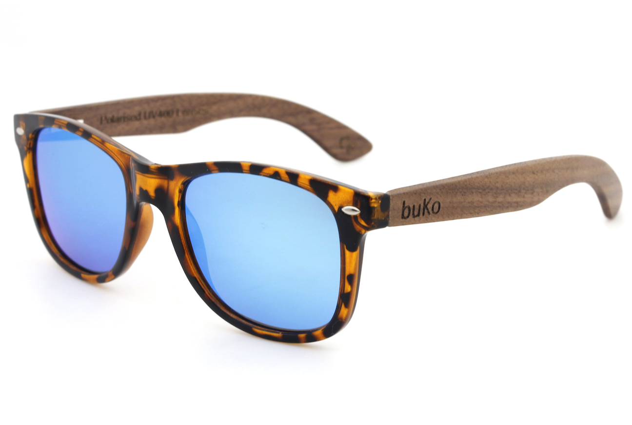 Drift wooden sunglasses with blue lenses