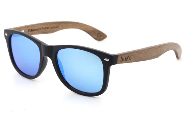 Runaway wooden sunglasses with blue lenses