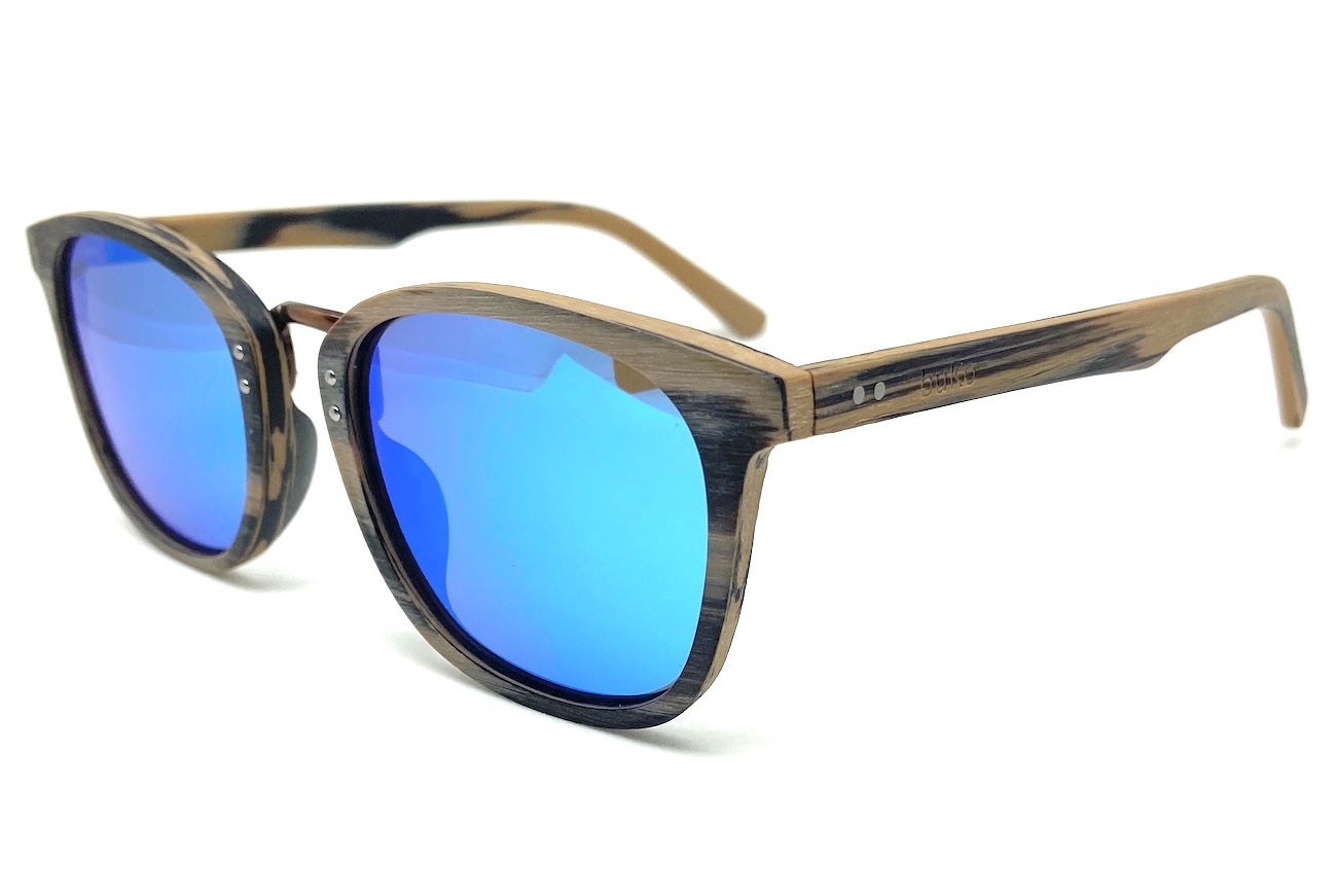 Bondi Oak wood sunglasses with blue lenses