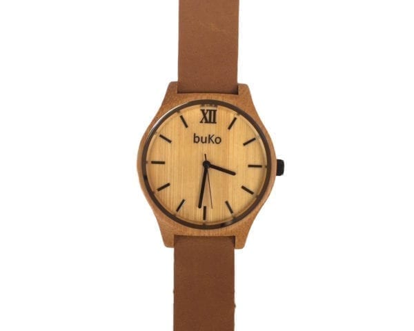 Bamboo watch with brown leather strap