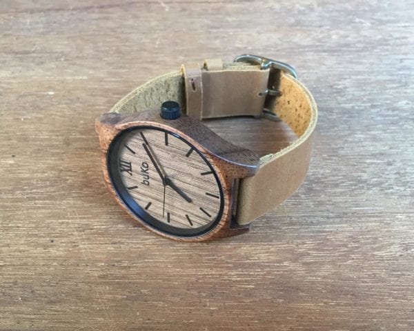 Walnut wood watch with brown leather