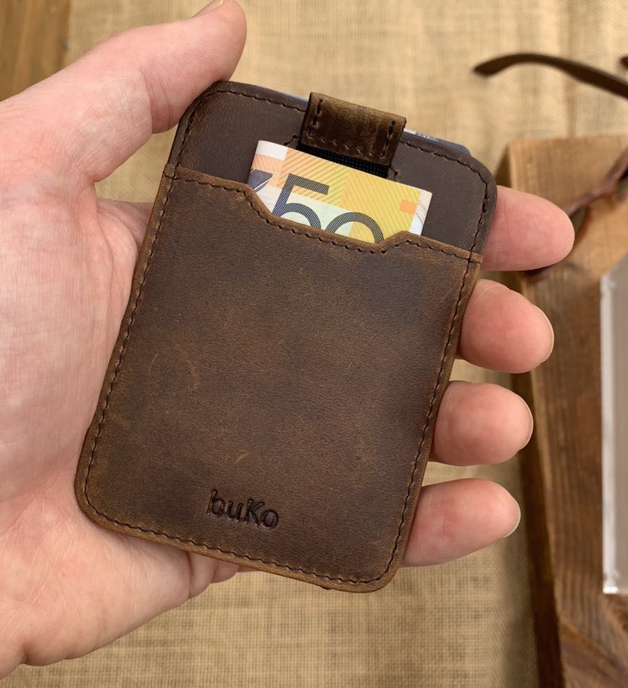 Brown Leather Card Holder with fifty dollars