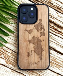 wooden phone case with world map engraving