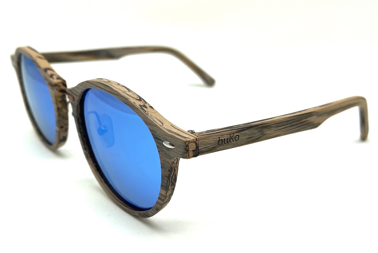 Avalon Oak wood sunglasses side blue