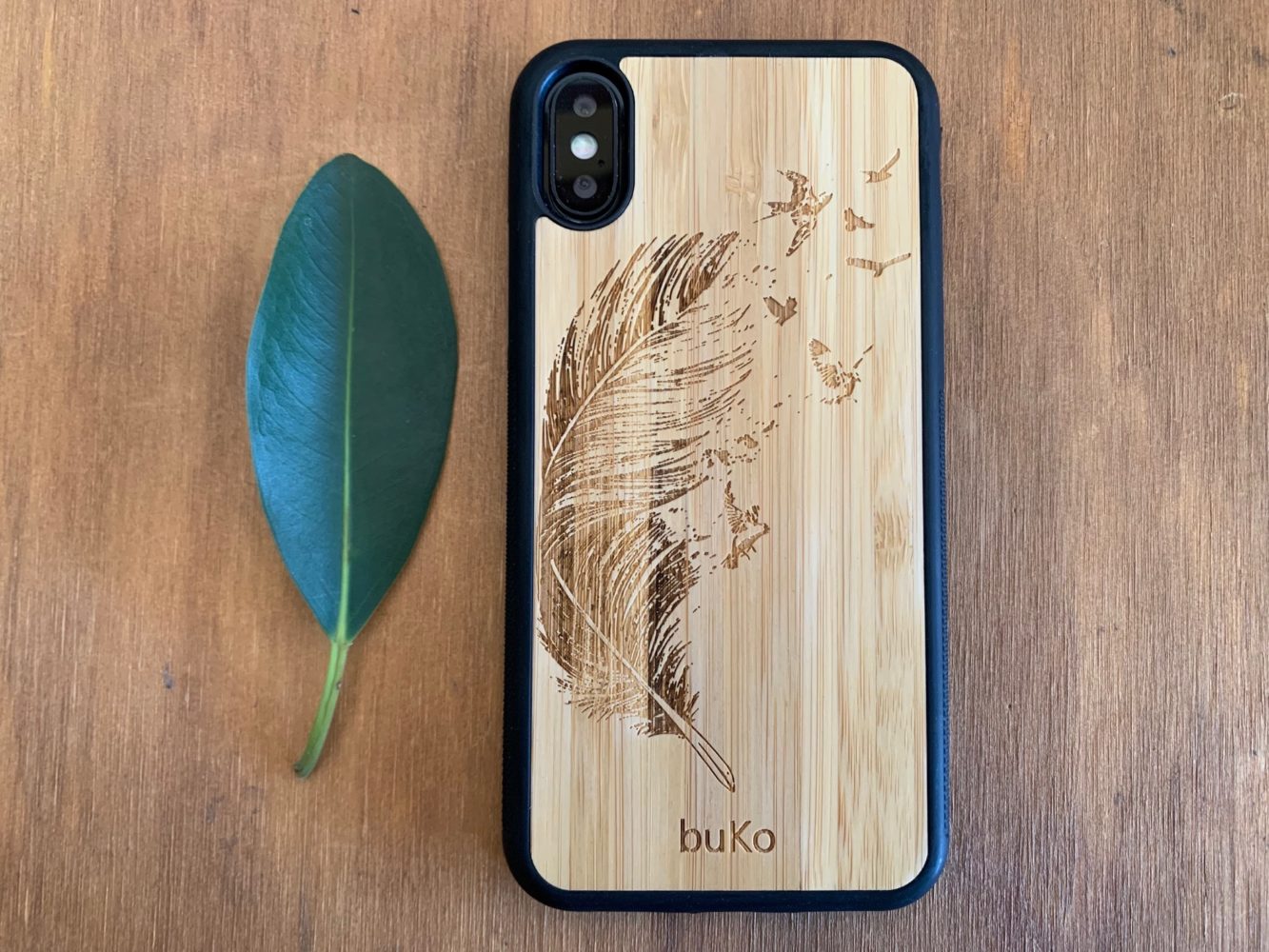 Wooden iPhone X/Xs Case with Feather Engraving