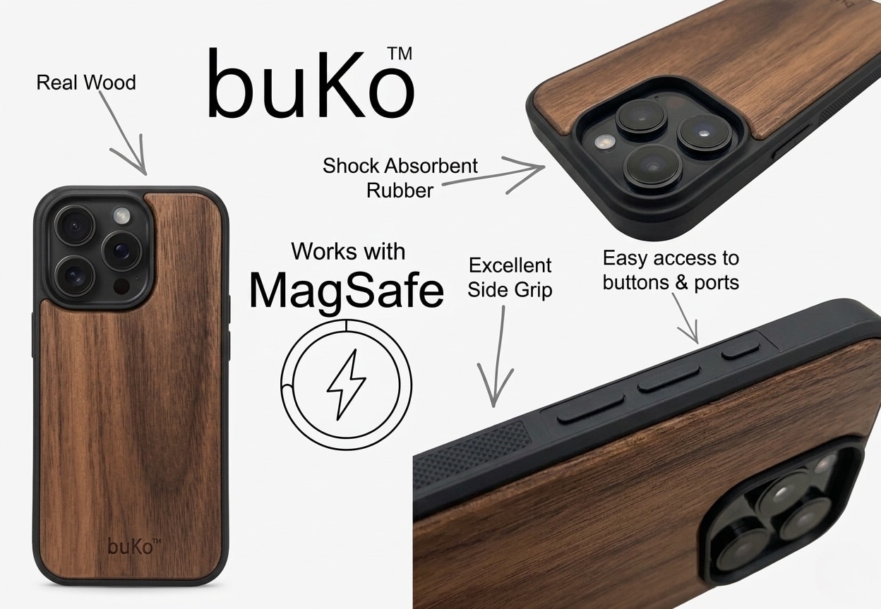 BuKo walnut wood phone case with MagSafe compatibility, shock absorbent rubber edges, and textured side grip for iPhone