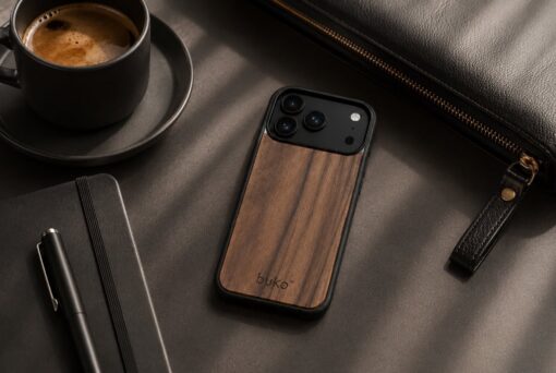 buko walnut wood case on a dark table next to a coffee in a black cup, a black leather bag and black pens.