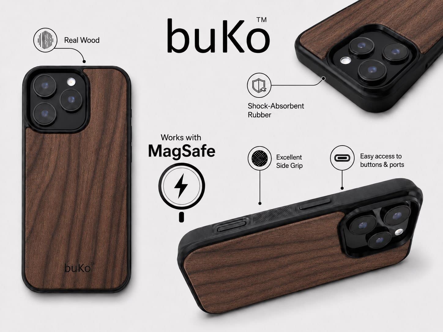 BuKo walnut wood phone case with MagSafe compatibility, shock absorbent rubber edges, and textured side grip for iPhone