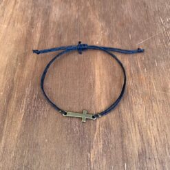 black waxed rope bracelet with rustic cross charm