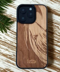 wooden phone case with surfer on a wave engraved