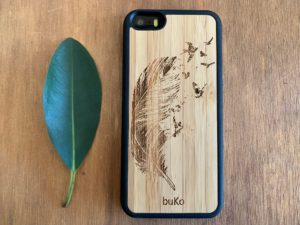 Wooden iPhone 5, 5S, and SE Case with Feather Engraving