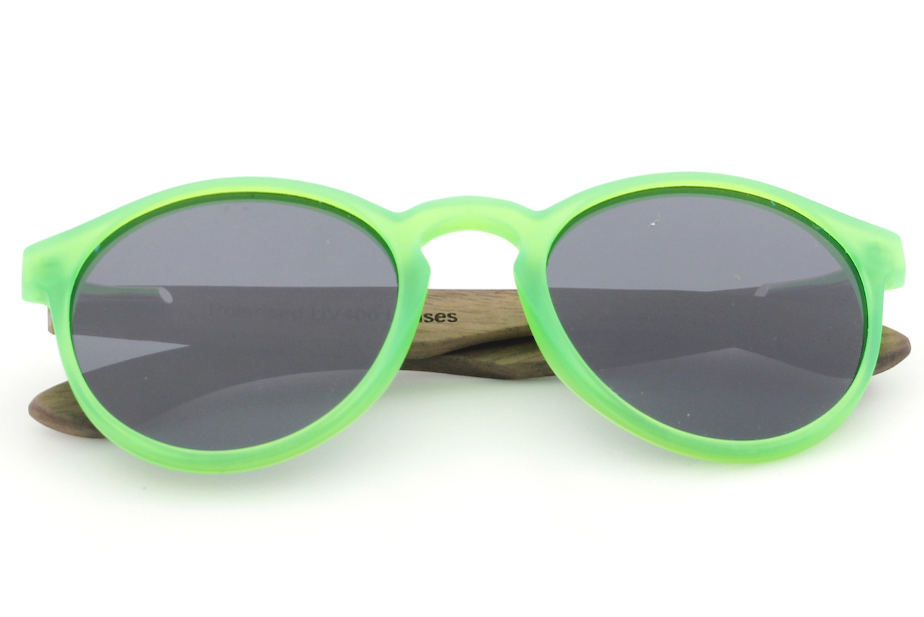 Kids fluro green wooden sunglasses folded