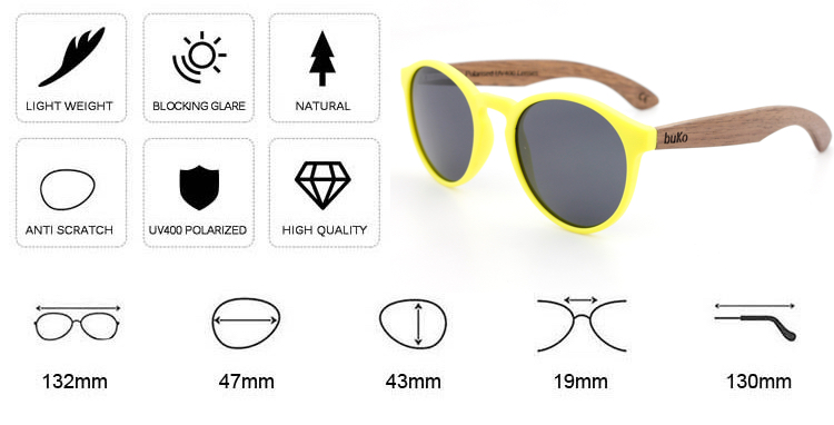 Kids yellow wood sunglasses dimensions