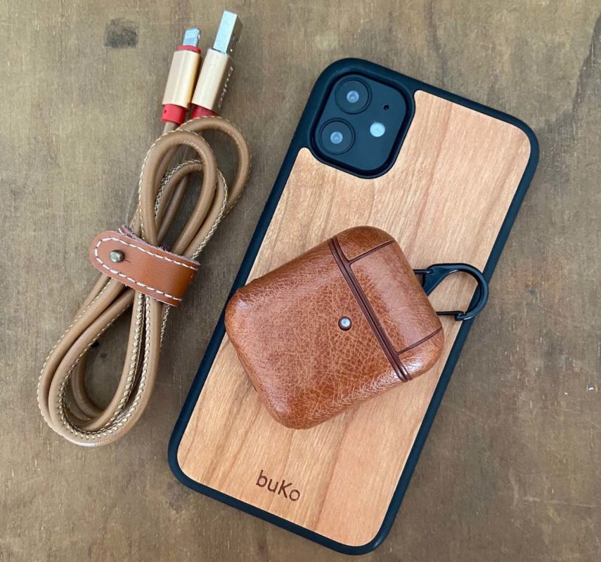 Leather AirPods Case with Wooden Phone Case