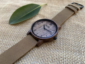 Walnut wood watch with brown leather band