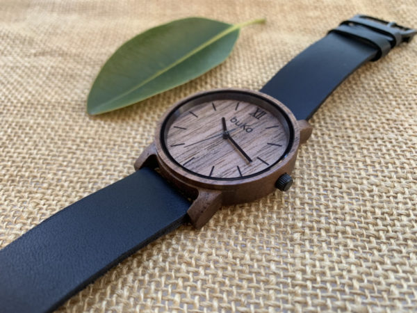 Walnut wood watch with black leather band