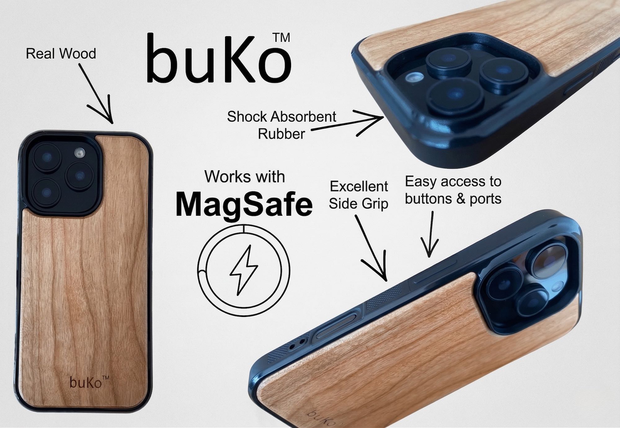 the details and features of a the buko wooden phone cases