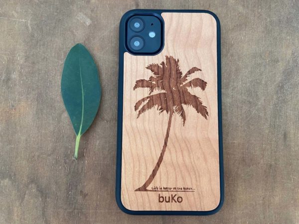Wooden iPhone 11 case with palm tree engraving