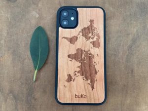 Wooden iPhone 11 case with world map engraving