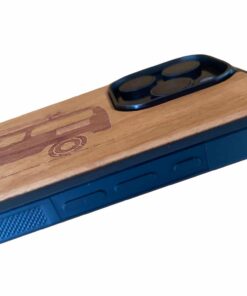 side of wooden phone case with van engraving
