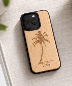 buko wooden phone case with palm tree engraving on a clean white table