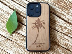 wooden phone case with palm tree engraving