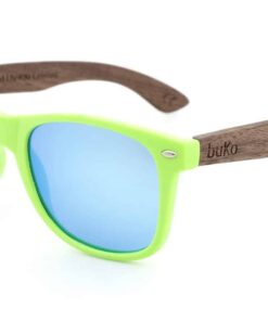 Runaway Green wooden sunglasses with blue lenses