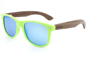 Runaway Green wooden sunglasses with blue lenses