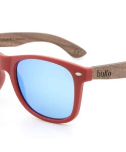 Runaway Red Wooden Sunglasses with blue lenses