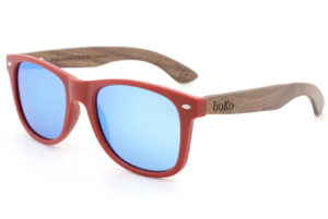 Runaway Red Wooden Sunglasses with blue lenses