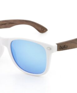 Runaway White wooden sunglasses with blue lenses