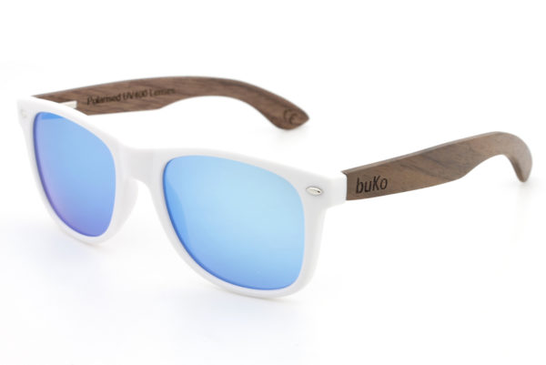 Runaway White wooden sunglasses with blue lenses