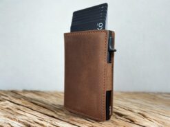 brown leather pop up wallet