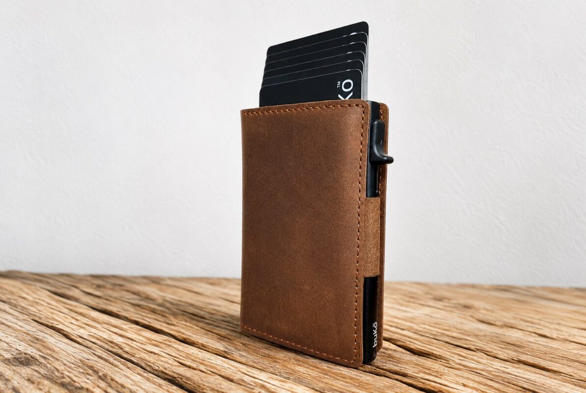 brown leather pop up wallet with side button by buko