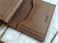 brown leather pop up wallet with personalisation engraved on the inside flap
