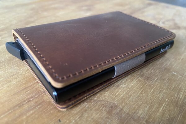 Brown leather pop up wallet