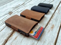 four colours of leather pop up wallets