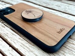 wooden holder on back of phone
