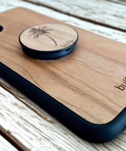 wooden holder on back of phone