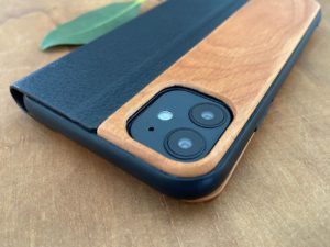 Wooden wallet case camera hole