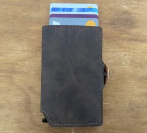Vegan leather trigger popup wallet