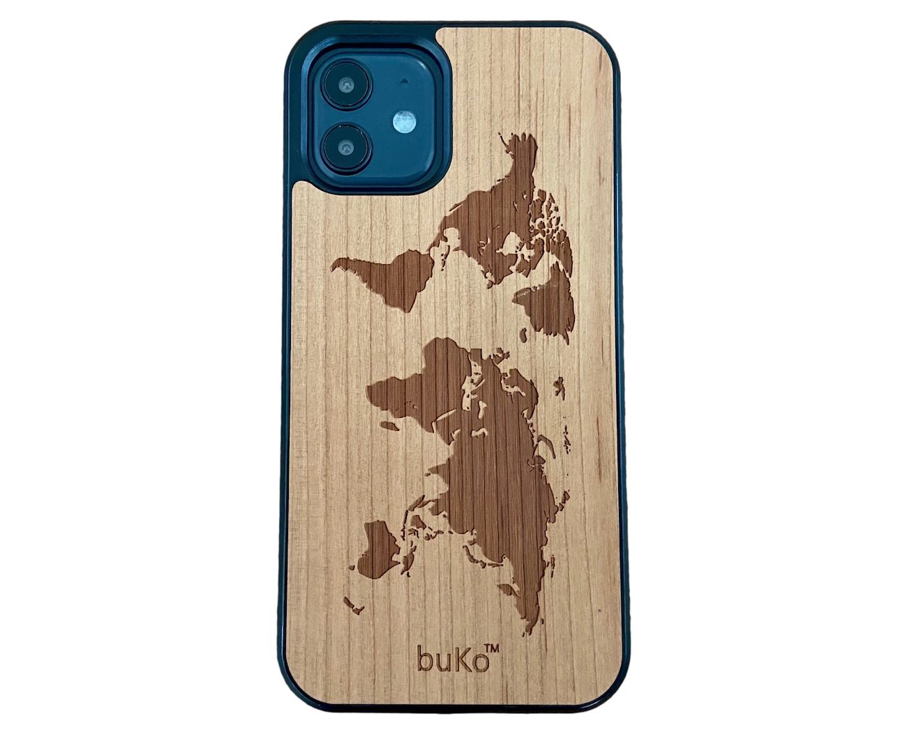 Wooden iPhone 12 pro case with world map