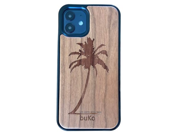 wooden iPhone 13 case with palm tree engraving