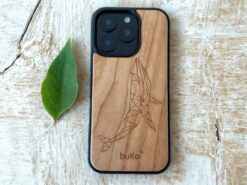 wooden phone case with geometric whale engraved