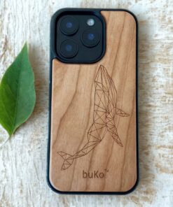 wooden phone case with geometric whale engraved