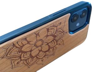Side of wood iPhone 13 case with mandala