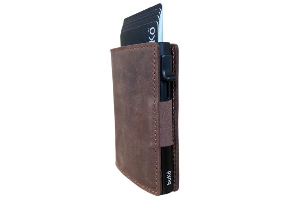 Brown leather wallet with AirTag holder