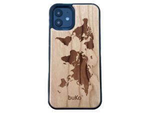 Wooden iPhone 14 case with world map engraving