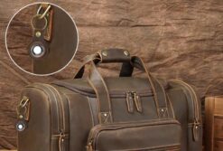 Leather AirTag keyring on a bag