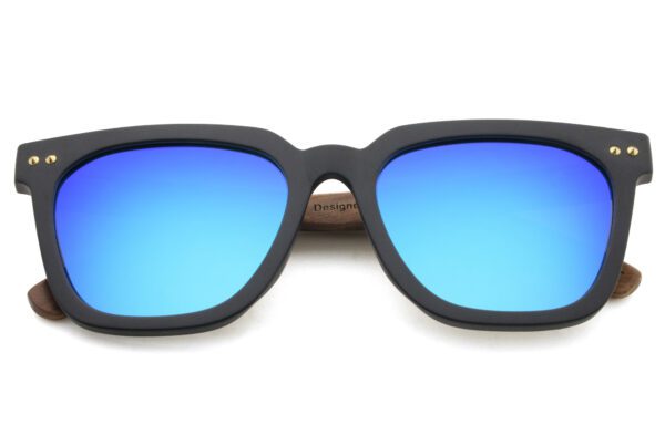 Miller wooden sunglasses with blue reflective lenses